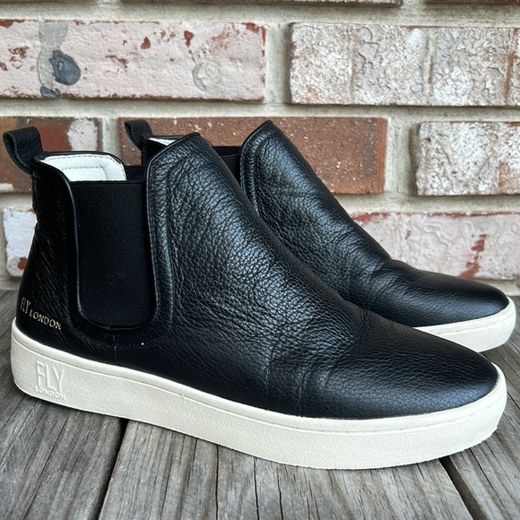 Fly London Shoes - FLY LONDON MABS BLACK textured leather white sole mid-top sneaker ankle …